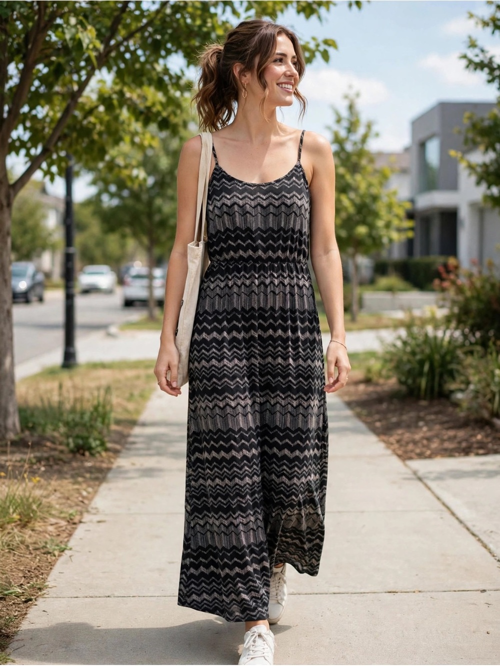 Bobbie Brooks Black Chevron Maxi Dress with Spaghetti Straps